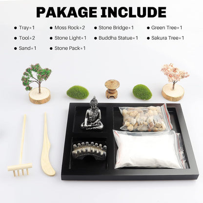 Sakura Budah Desktop Mini Zen Garden - 9" x 7" with White Sand, Artificial Bonsai Tree, Rocks, Rakes & Accessories - Meditation Gift for Office Decor