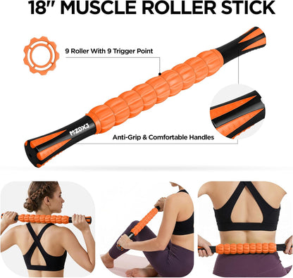 Muscle Roller Massage Roller Stick- Deep Tissue Fascia Blaster for Myofascial Pain Relief, Lymphatic Drainage & Body Sculpting, Handheld Physical Therapy & Recovery Tool (Pink black-18 inch)