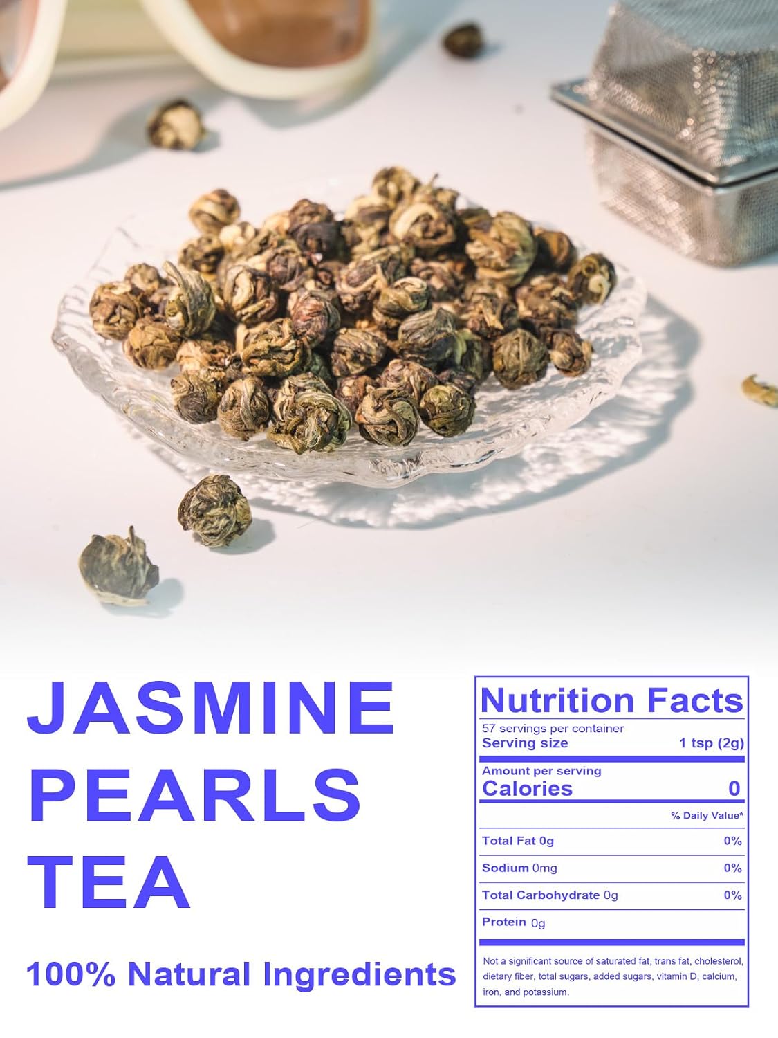 TeeLux Jasmine Pearls Green Tea, Handrolled Loose Leaf, Floral Aroma, 4 oz