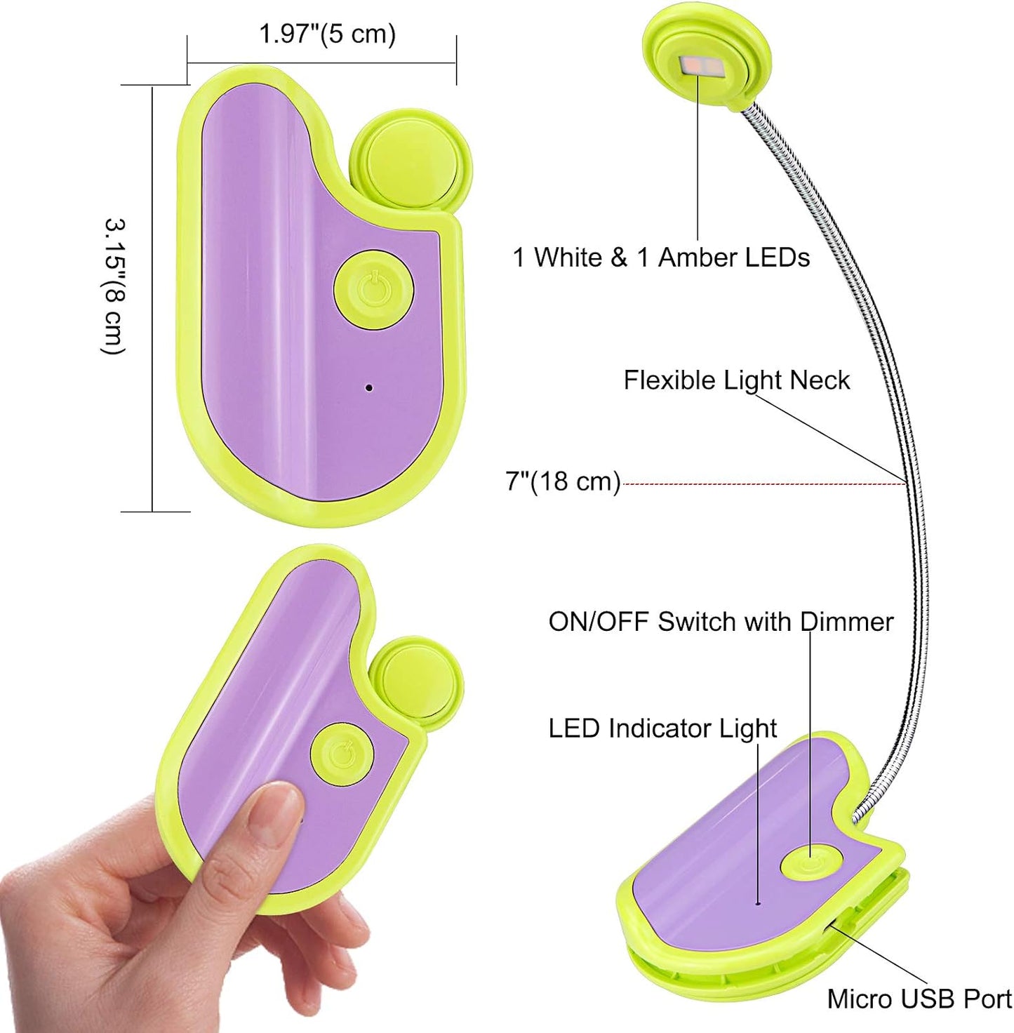 BIGMONAT Rechargeable Reading Light for Kids,Small Amber Book Light,Multi Colors Portable LED Reading Lamp with 361° Rotary Light Neck,Wireless Clip Reading Light for Books (White)