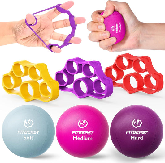 FitBeast Grip Strength Trainer – 6 Pieces Hand Therapy Kit with Finger Extension Exerciser & Stress Balls for Adults, Rehab & Strength Training – for Men, Women, and Seniors