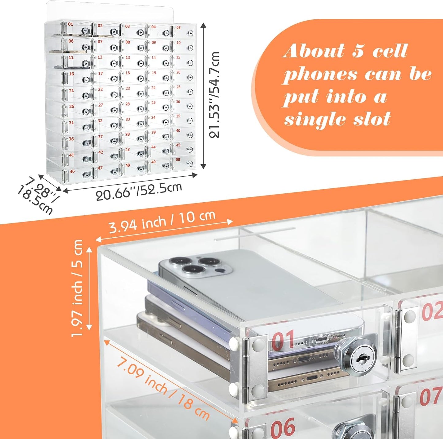 Threan 12 Slot Cell Phone Storage Box, Acrylic Clear Cell Phone Storage Cabinet Wall Mounted with Door, Locks and Keys for Office School Factory