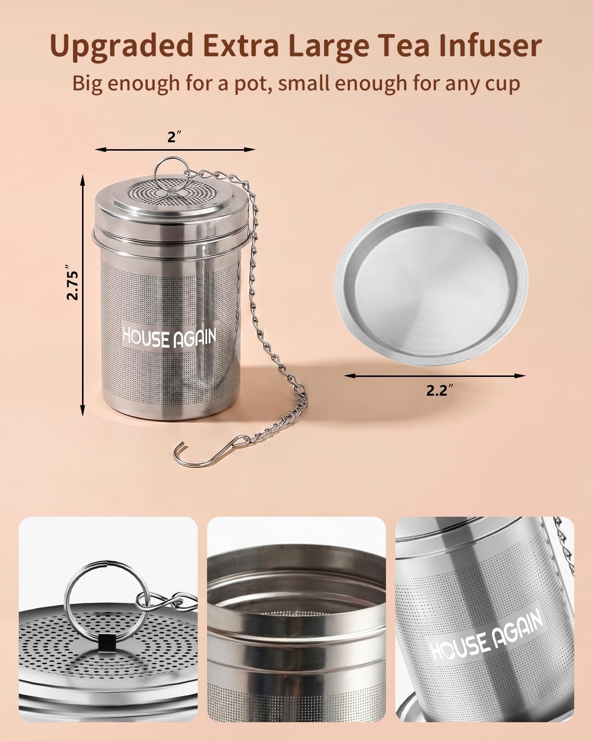House Again 2 Pack Tea Infuser, Extra Fine Mesh Tea Infusers for Loose Tea, 18/8 Stainless Steel Tea Strainer with Extended Chain Hook, Tea Steeper for Brew Tea, Spices & Seasonings