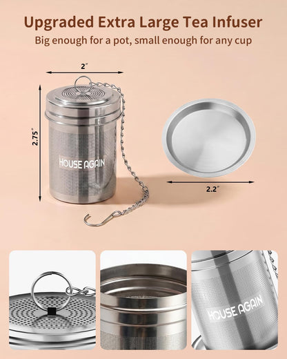 House Again 2 Pack Tea Infuser, Extra Fine Mesh Tea Infusers for Loose Tea, 18/8 Stainless Steel Tea Strainer with Extended Chain Hook, Tea Steeper for Brew Tea, Spices & Seasonings