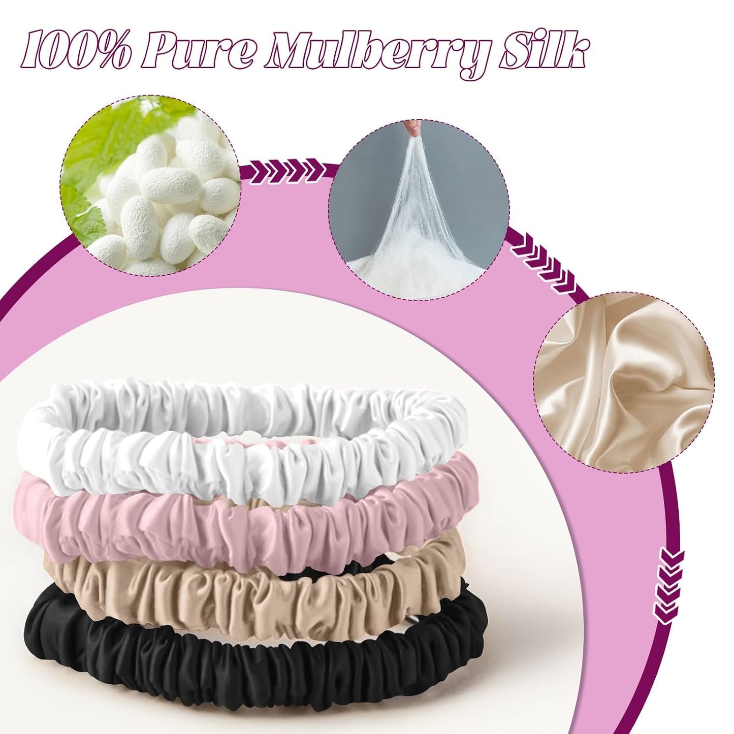 4Pcs Mulberry Silk Scrunchies Set, Silk Hair Ties Elastic for Women, Skinny Scrunchies Reduces Breakage for All Hair Types