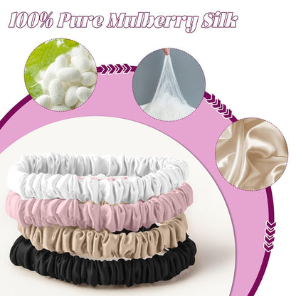 4Pcs Mulberry Silk Scrunchies Set, Silk Hair Ties Elastic for Women, Skinny Scrunchies Reduces Breakage for All Hair Types