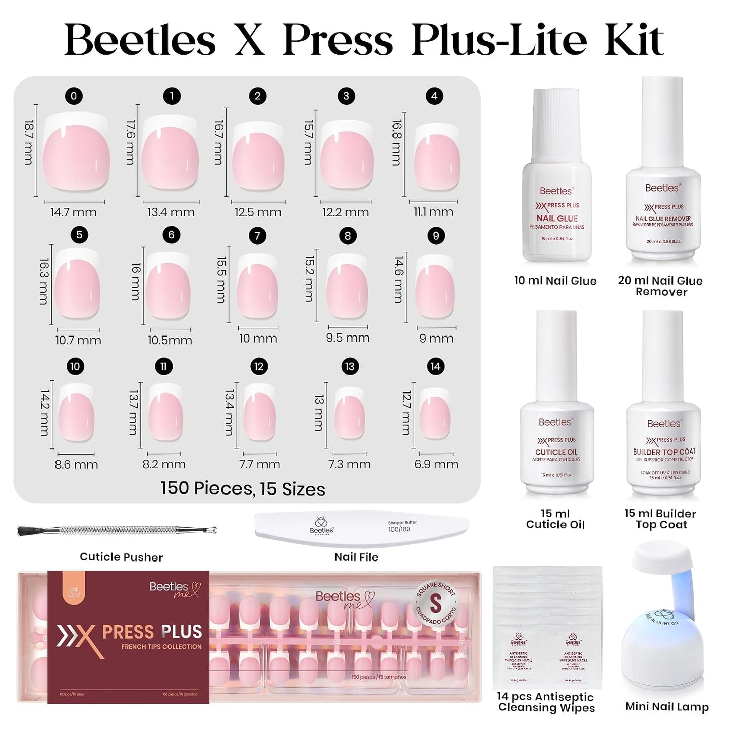 Beetles Press On Nail Kit-Short Square French Tip Press On Nails, 150Pcs Pink French Nail Tips with Nail Glue & Remover Builder Top Coat Nail Lamp, All-in-One DIY Fake Nails Gift for Women