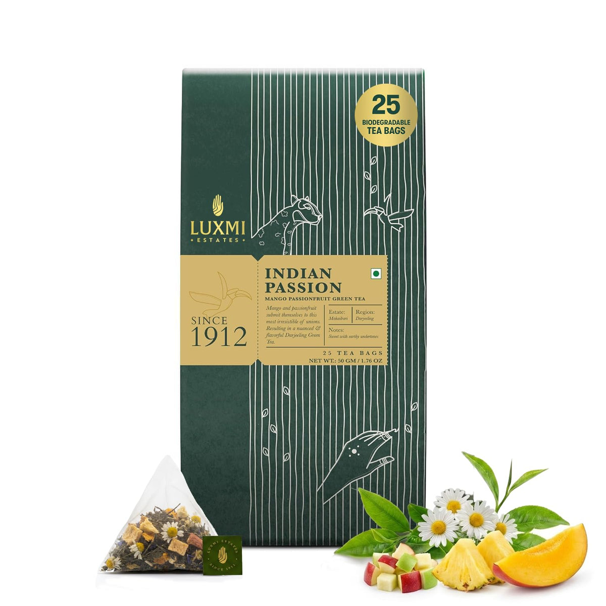 Luxmi Estates - Mango Passionfruit Darjeeling Green Tea, 25 Tea Bags (50g/1.76oz), 100% biodegradable Tea Bags