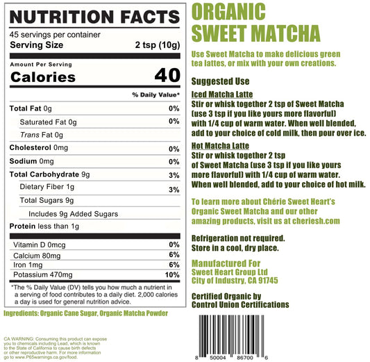 Organic Sweet Matcha Green Tea Powder - Cafe Style Blend by Cherie Sweet Heart - 16oz, Vegan & Gluten-Free, Rich in Antioxidants, Perfect for Lattes, Smoothies & Baking