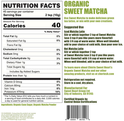 Organic Sweet Matcha Green Tea Powder - Cafe Style Blend by Cherie Sweet Heart - 16oz, Vegan & Gluten-Free, Rich in Antioxidants, Perfect for Lattes, Smoothies & Baking