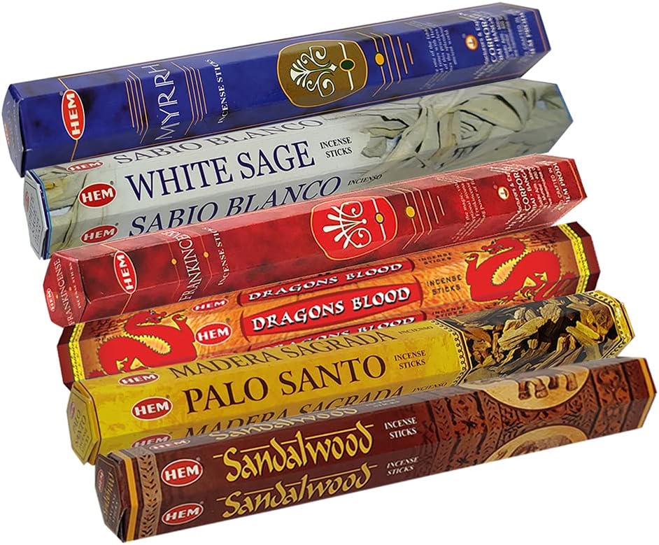 Hem Incense Sticks Variety Pack #23-120 Insence-Sticks (6 Incents x 20 Insense) + Incense Stick Holder with 6 Most Liked Scents Including Patchouli Dragons Blood White Sage Frankincense-Myrrh