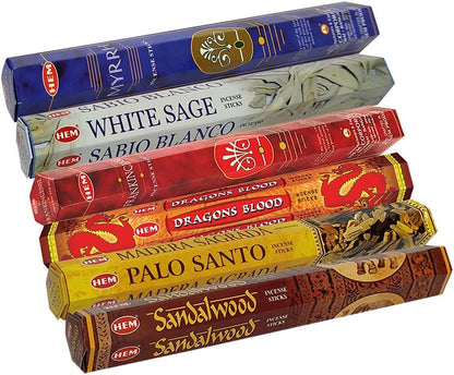 Hem Incense Sticks Variety Pack #23-120 Insence-Sticks (6 Incents x 20 Insense) + Incense Stick Holder with 6 Most Liked Scents Including Patchouli Dragons Blood White Sage Frankincense-Myrrh