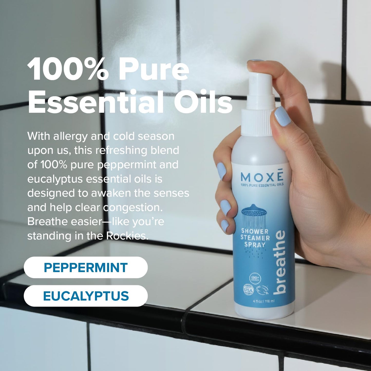 MOXĒ Eucalyptus Oil Shower Mist, Spa Steam Spray, Certified Natural 100% Essential Oils, Made in USA, Aromatherapy, Sinus Congestion Relief, Tension Relief, 4 Ounces
