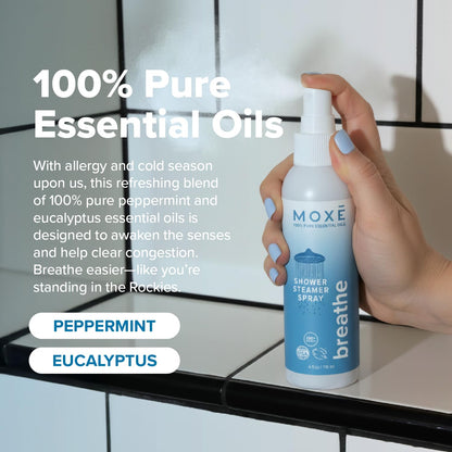 MOXĒ Eucalyptus Oil Shower Mist, Spa Steam Spray, Certified Natural 100% Essential Oils, Made in USA, Aromatherapy, Sinus Congestion Relief, Tension Relief, 4 Ounces