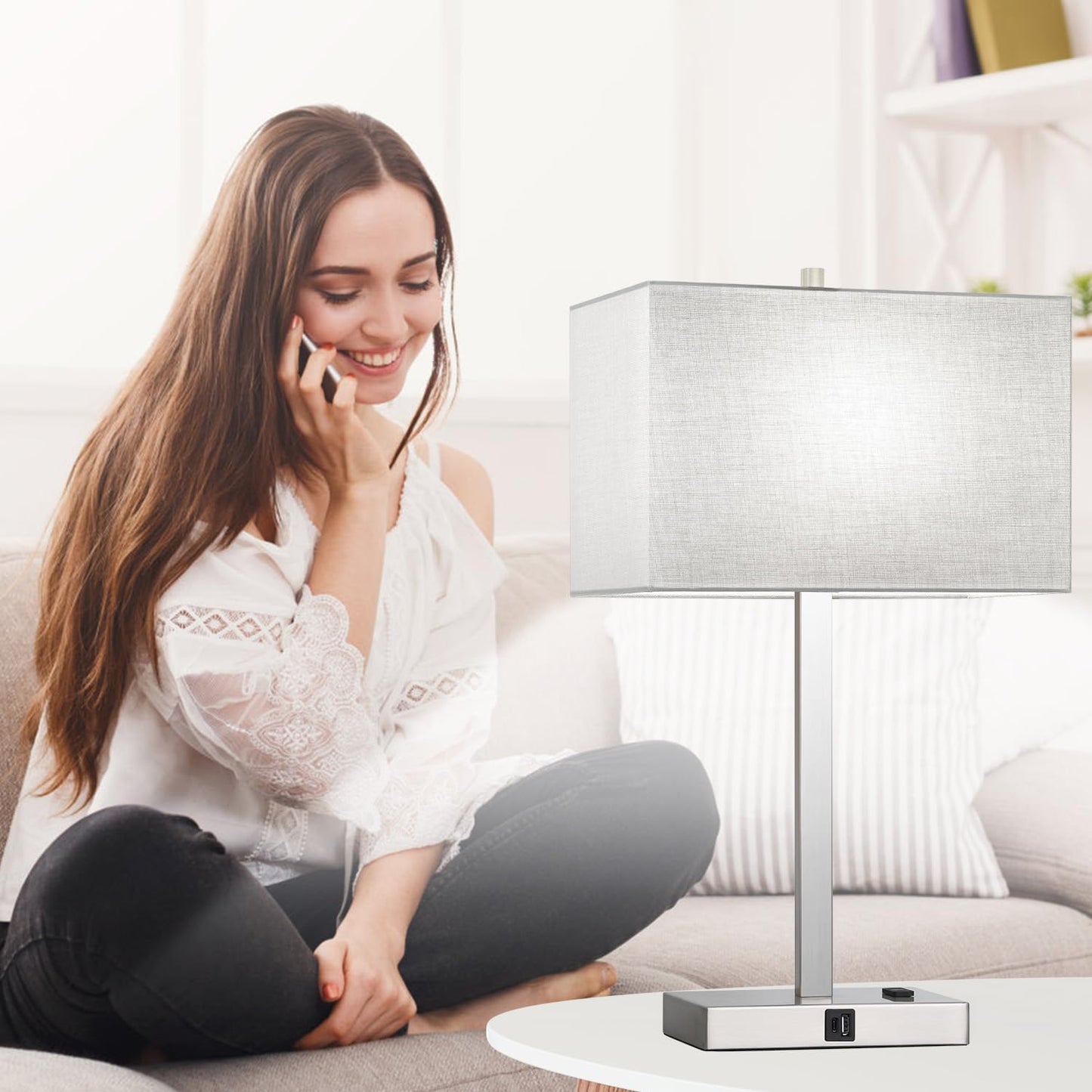 21" Touch Bedside lamps with 2 USB & AC Outlets, 3-Way Dimmable Bedside Table Lamps Set of 2 for Bedroom Living Room Office Reading, Gray Shade Lamps for Night Stands, 5000K LED Bulbs Included