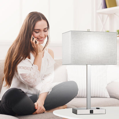 21" Touch Bedside lamps with 2 USB & AC Outlets, 3-Way Dimmable Bedside Table Lamps Set of 2 for Bedroom Living Room Office Reading, Gray Shade Lamps for Night Stands, 5000K LED Bulbs Included