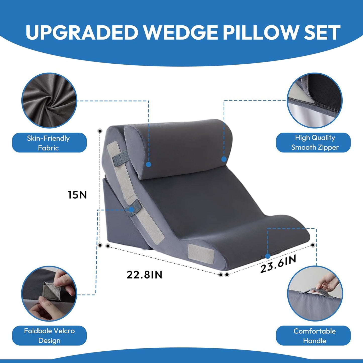 Ahpmeoa 3PCS Wedge Pillow Set for After Surgery, Back Pillow for Bed Sitting up, 10-in-1 Foam Wedge Pillow for Acid Reflux & Back Pain Relief, Post Surgery Pillow for GERD & Snoring, White