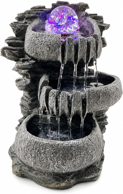 Indoor Tabletop Water Fountain with LED Light, Resin Rock-Look Waterfall Decor, Feng Shui Inspired Zen Fountain for Desk, Office, Bedroom, Living Room & Meditation Space (9" Cascading Rock)