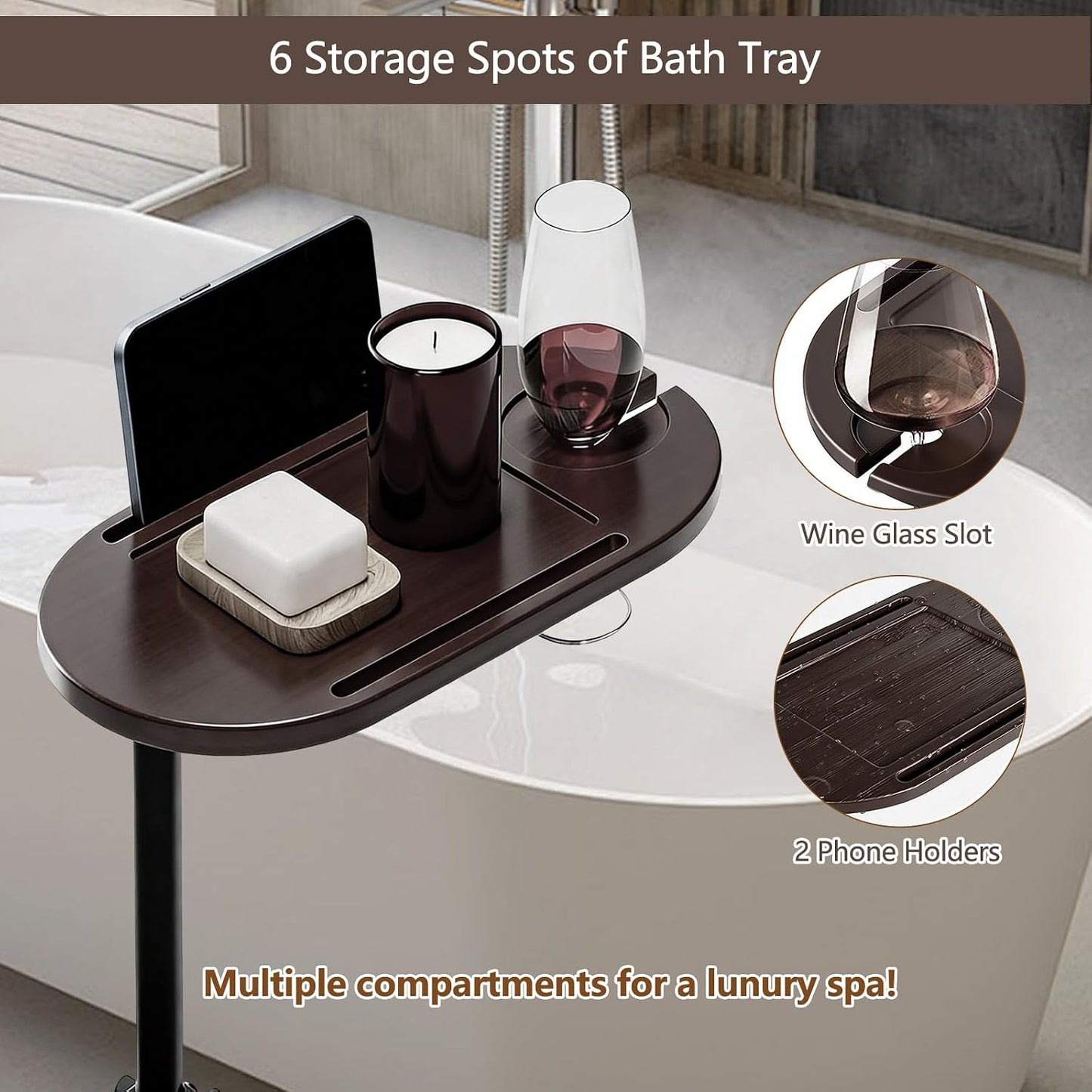 3 Layer Bathtub Tray Table,Bamboo Swivel Bathtub Side Table Height Adjustable,Freestanding Bathtub Tray for Tub Against Wall,Bathtub Accessories&Bathroom Organizer for Luxury Home Spa (Black)