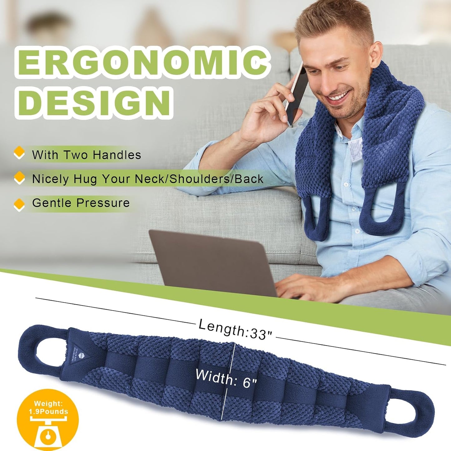 UNCN Long Wide Heating Pad for Neck and Shoulders Back 33x5.9 Microwavable Large Moist Heat Pack Warm Hot Compress Neck Wrap Weighted Bag Massage Reusable Herbal Nature Calming Portable 1.95Pounds