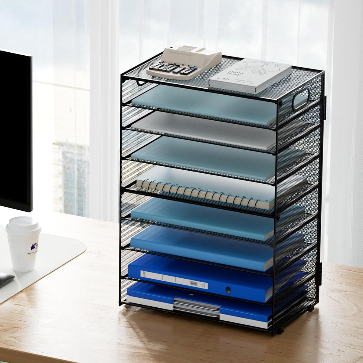 Marbrasse 6 Tier Paper Organizer Letter Tray - Mesh Desk File Organizer with Handle, Paper Sorter Organizer for Letter/A4 Office File Folder Holder - Black
