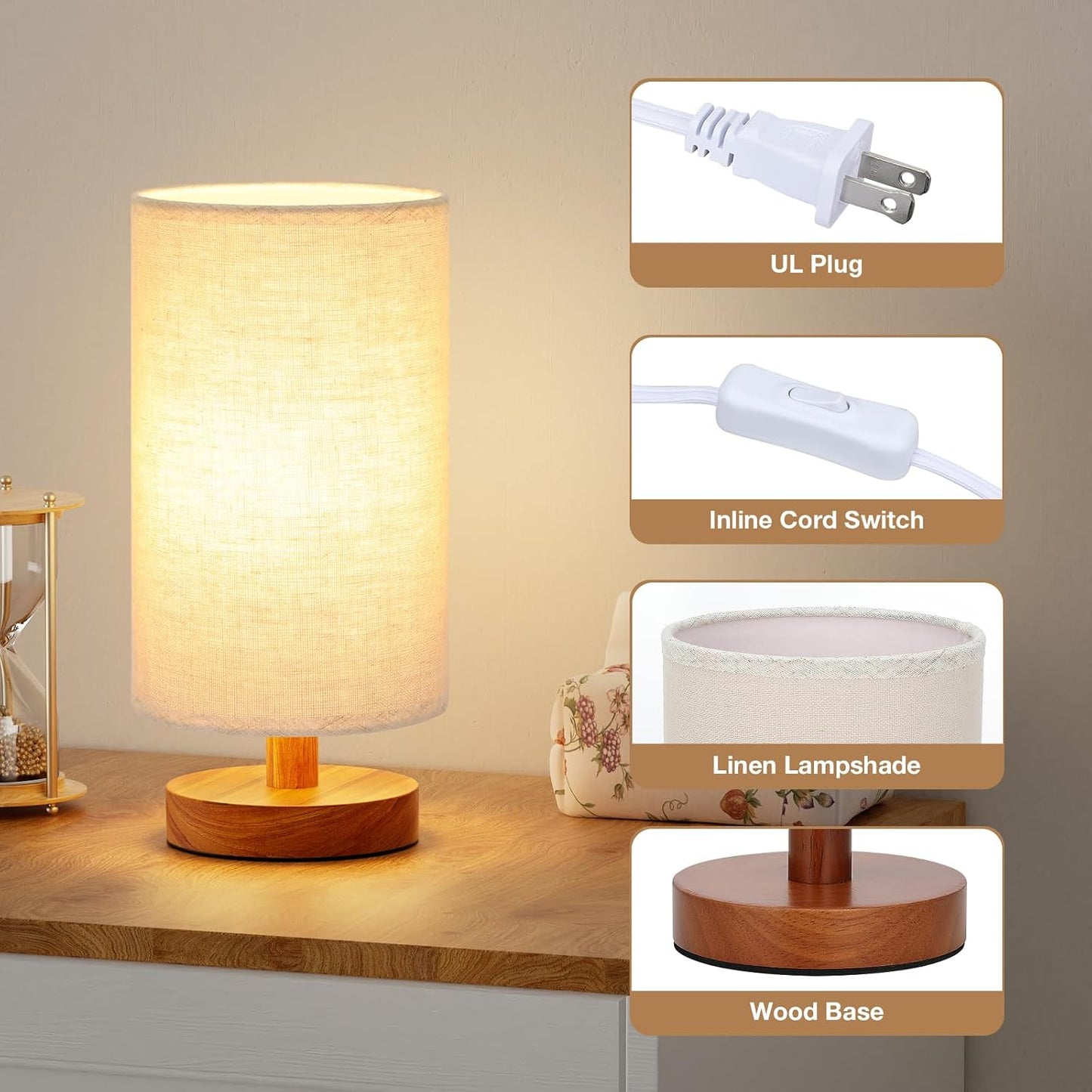 Fenmzee Small Table Lamp for Bedroom - Inline Control, Bedside Lamp with 3000K A15 LED Blub, Easy Assembly (Cream Shade - Wood Base, 9" Inline Control)