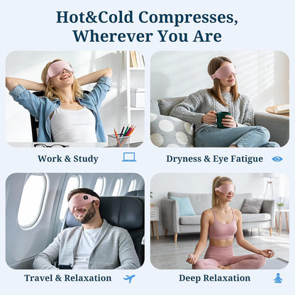 100% Silk Wireless Heated Eye Mask with Cooling, Relieves Dry Eye Syndrome and Puffy, Reduces Dark Circles, Adjustable Velcro Design and Washable Cover, Suitable for Travel & Gifts-Pink.