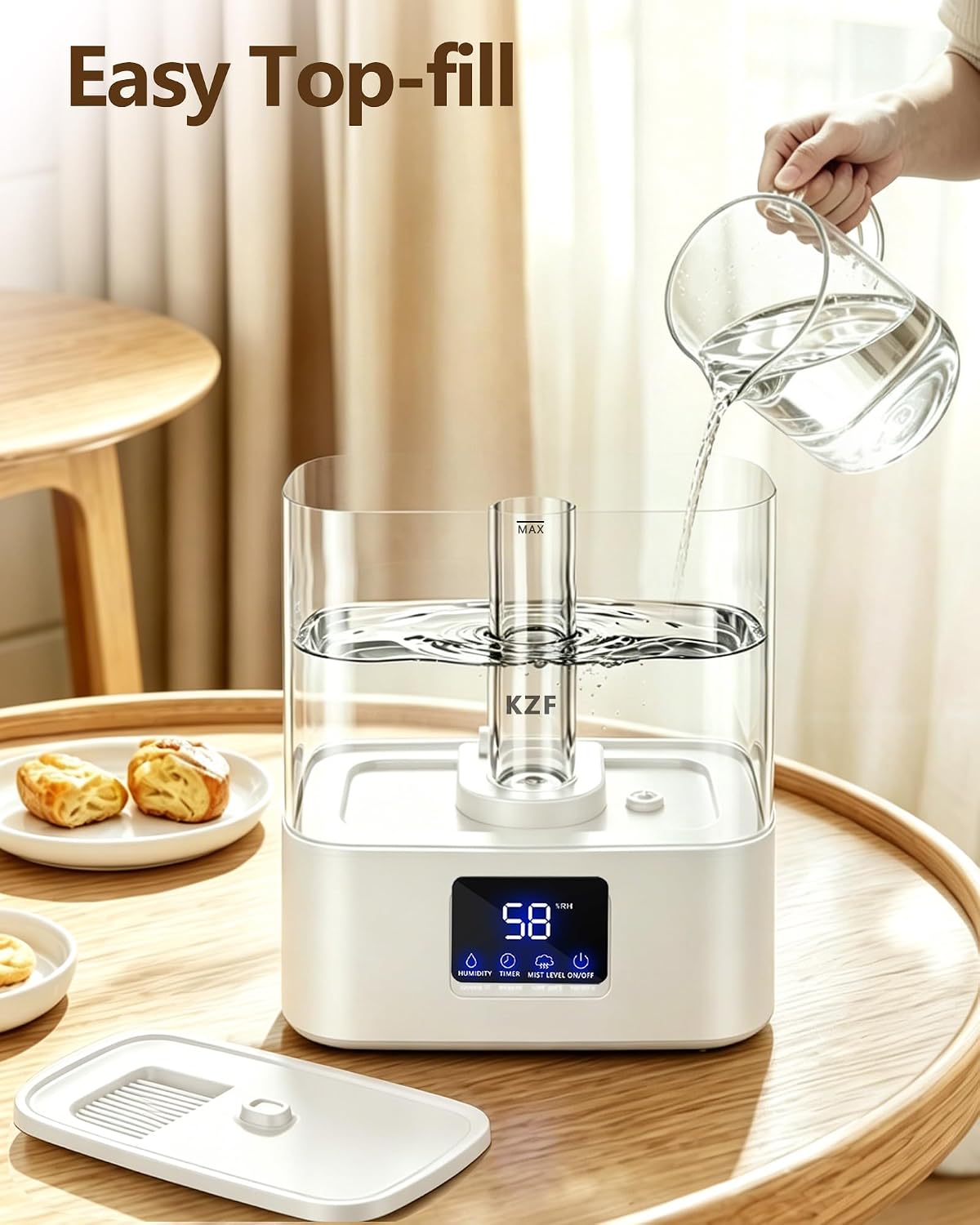 KZF 4L Top Fill Humidifiers for Bedroom & 40H Runtime - Cool Mist Humidifier, 3 Mist Levels, 8H Timer, Essential Oil Tray, Humidity Display, Quiet for Baby, Plants, Large Room (Black, 4L)