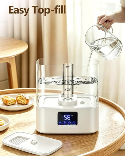 KZF 4L Top Fill Humidifiers for Bedroom & 40H Runtime - Cool Mist Humidifier, 3 Mist Levels, 8H Timer, Essential Oil Tray, Humidity Display, Quiet for Baby, Plants, Large Room (Black, 4L)