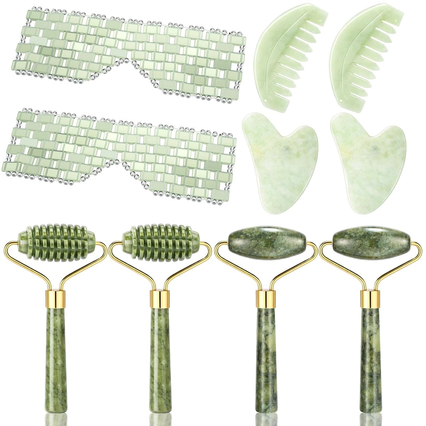 Sliner 10 Pcs Gua Sha Facial Tools Set Jade Eye Mask Scalp Hair Comb Spiked Roller Jade Stone Eye Mask Gua Sha Board White Facial Cooling Set for Spa Relax Alleviate Puffiness Esthetician Supplies