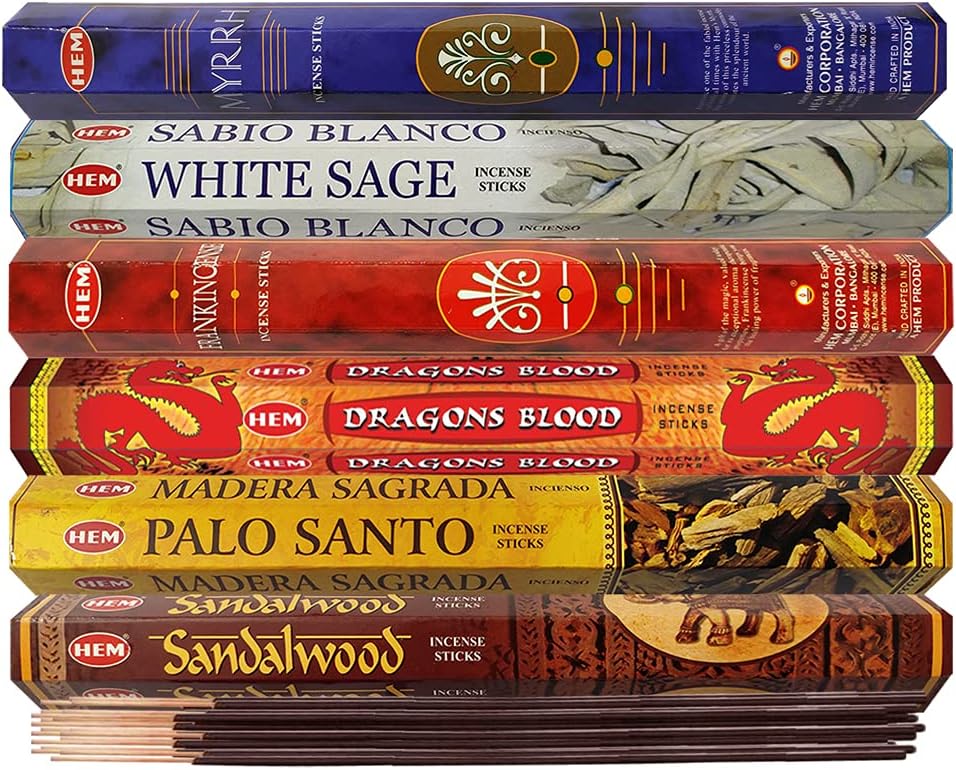 Hem Incense Sticks Variety Pack #23-120 Insence-Sticks (6 Incents x 20 Insense) + Incense Stick Holder with 6 Most Liked Scents Including Patchouli Dragons Blood White Sage Frankincense-Myrrh