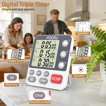 Digital Dual Kitchen Timer, 3-Channel Magnetic Countdown Timer for Cooking