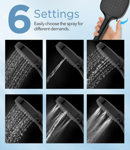 MakeFit Filtered Shower Head Black - 6 Modes High Pressure Handheld Shower Head with Filter Mineral Beads, Detachable Handheld Showerhead Set with Stainless Steel Hose and Shower Arm Bracket
