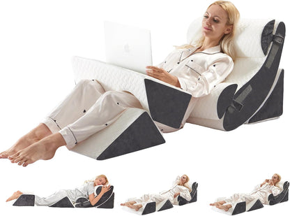4PCS Orthopedic Bed Wedge Pillow Set for Sleeping, Post Surgery Foam Support Pillows for Back, Neck and Leg Pain Relief, Adjustable Triangle Pillow – Acid Reflux, GERD & Snoring Recovery, White Grey