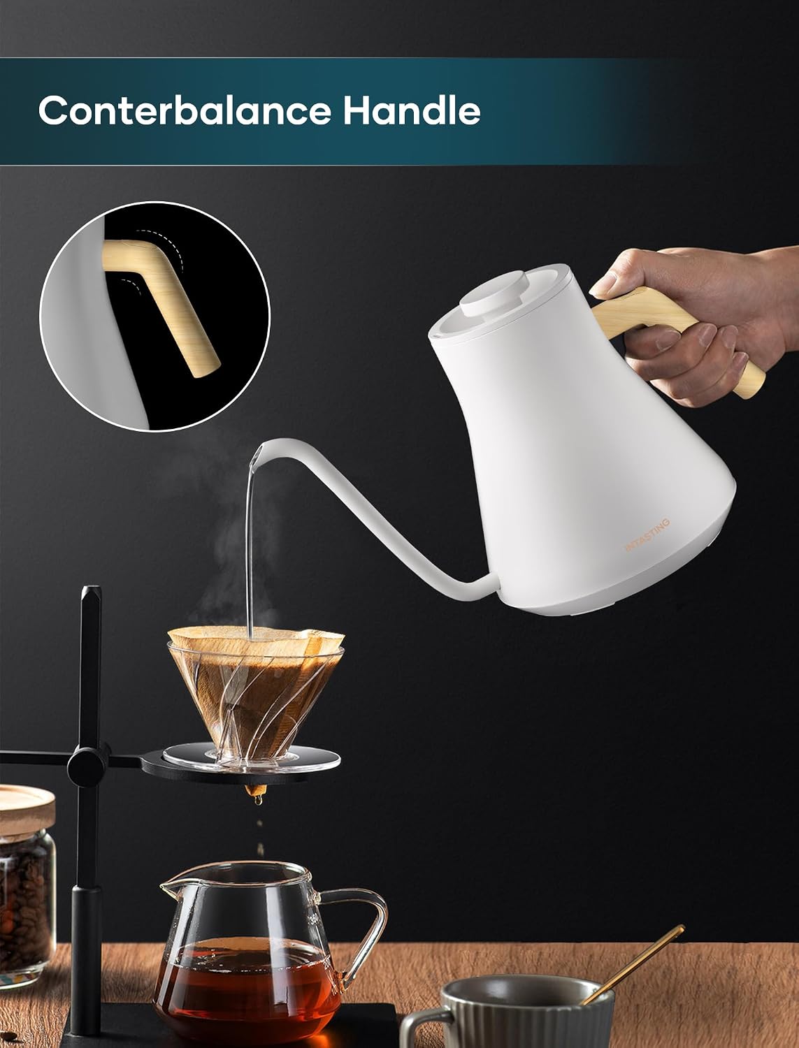 INTASTING Electric Kettles, Gooseneck Electric Kettle, ±1℉ Temperature Control, Stainless Steel Inner, Quick Heating, for Pour Over Coffee, Brew Tea, Boil Hot Water, 0.9L Black