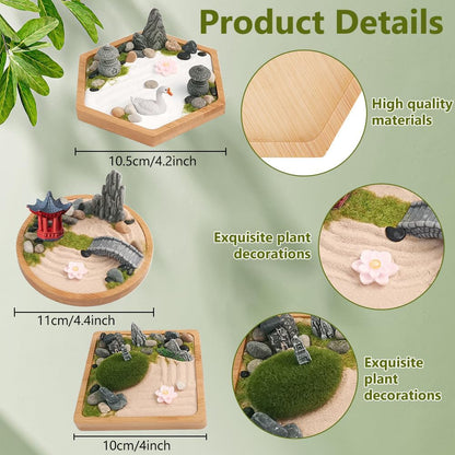 WEBEEDY 3 Sets Mini Zen Garden Kit Sand Tray Kit Japanese Sand Garden for Desktop with Bamboo Tray,Mini Rock Garden Gift Set for Home Office Desk Beautiful Japanese Decor Relaxation Meditation
