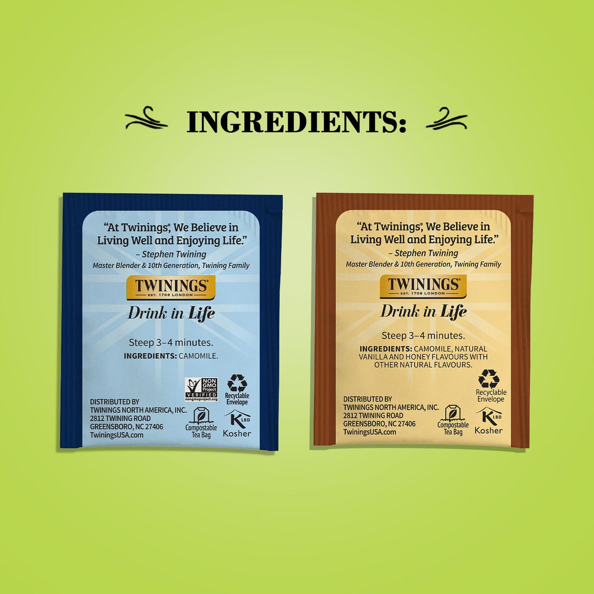 Twinings Camomile Herbal Tea Bag Variety 2-Pack – Pure + Honey & Vanilla Naturally Caffeine-Free Teas, 20 Count Each