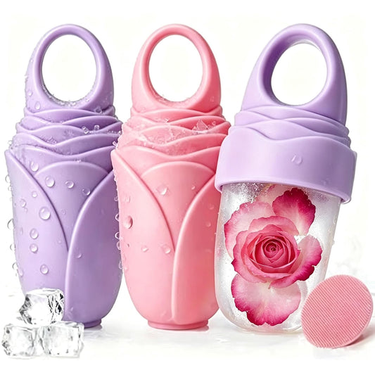 3 Pack Ice Roller for Face, Facial Ice Roller Silicone Mold Reusable for Face Women and Eye Neck Cold Skin Care Tools Freezer De Puff Eye Bags Reduce Migraine Pain Pink 1 + Purple 2