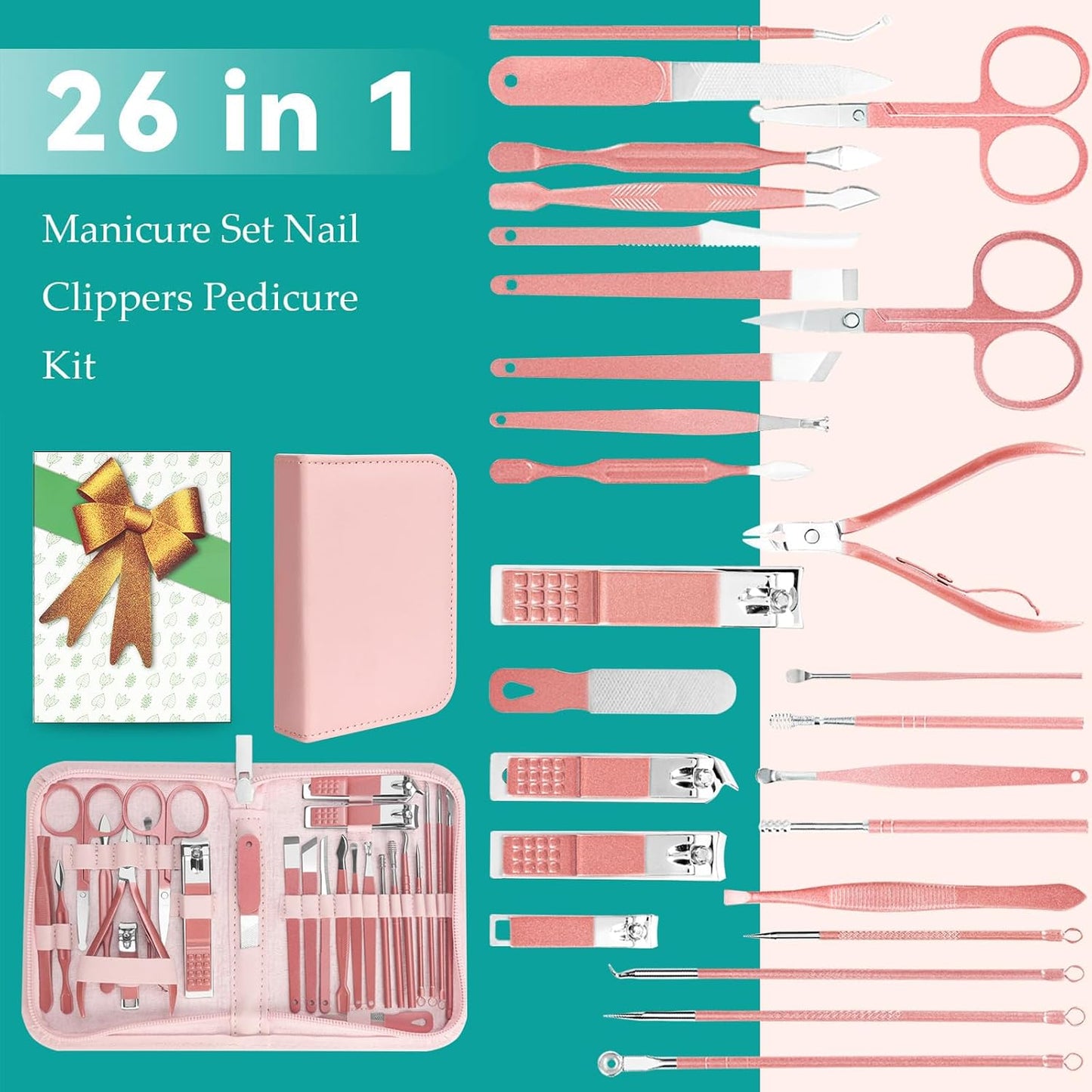 Nail Clippers Set, 26 Piece Manicure Set & Pedicure Kit, Stainless Steel Fingernail & Toenail Clipper Cutters, Professional Nail Care Tools with Luxurious Travel Case for Men and Women, Black