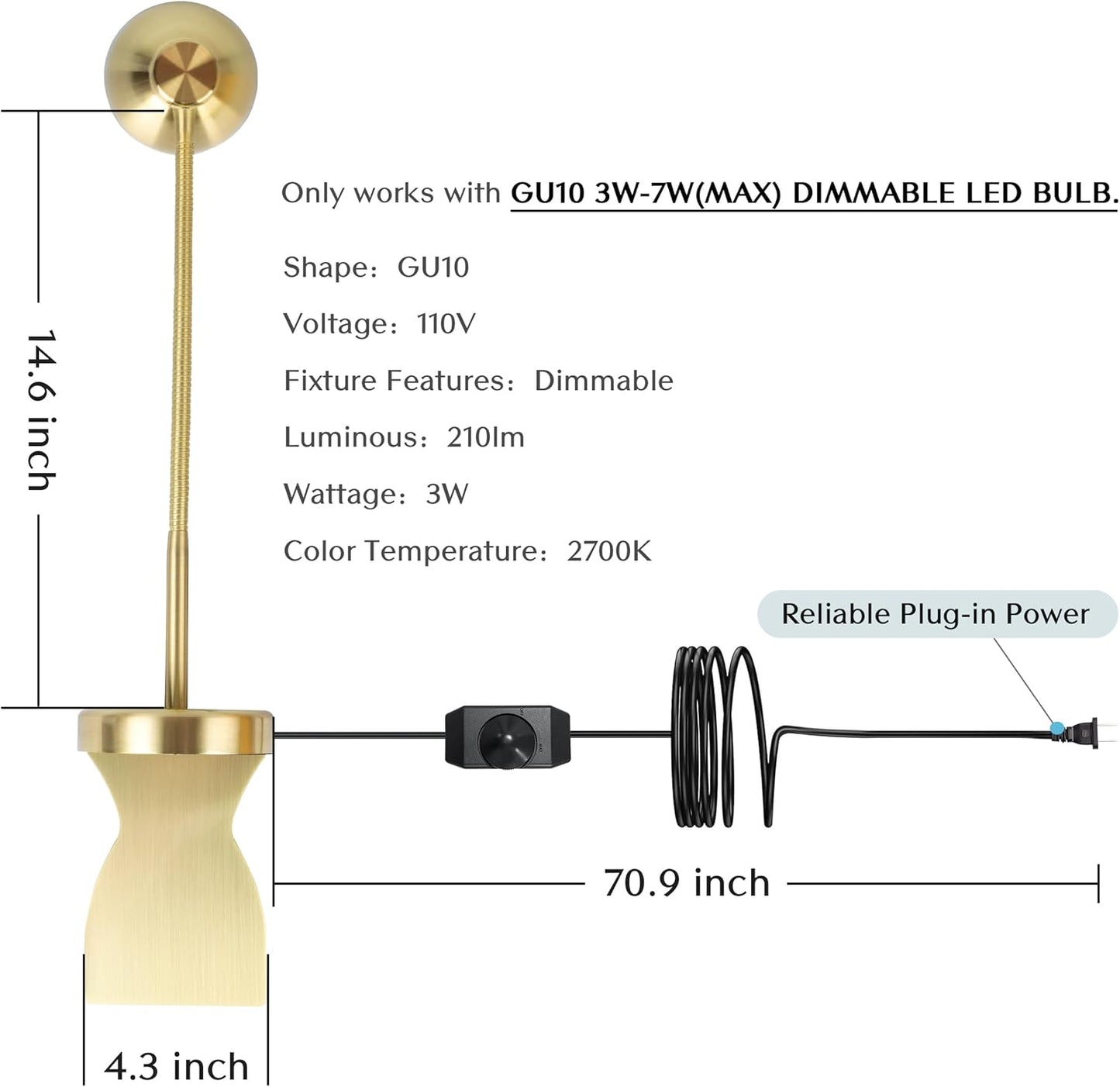 Solfres Patented Innovative Design Headboard Reading Light. No Drilling Golden Book Light for Bedtime Reading. Dimmable LED Book Reading Lamp with Bulb. Movable & Flexible, Black