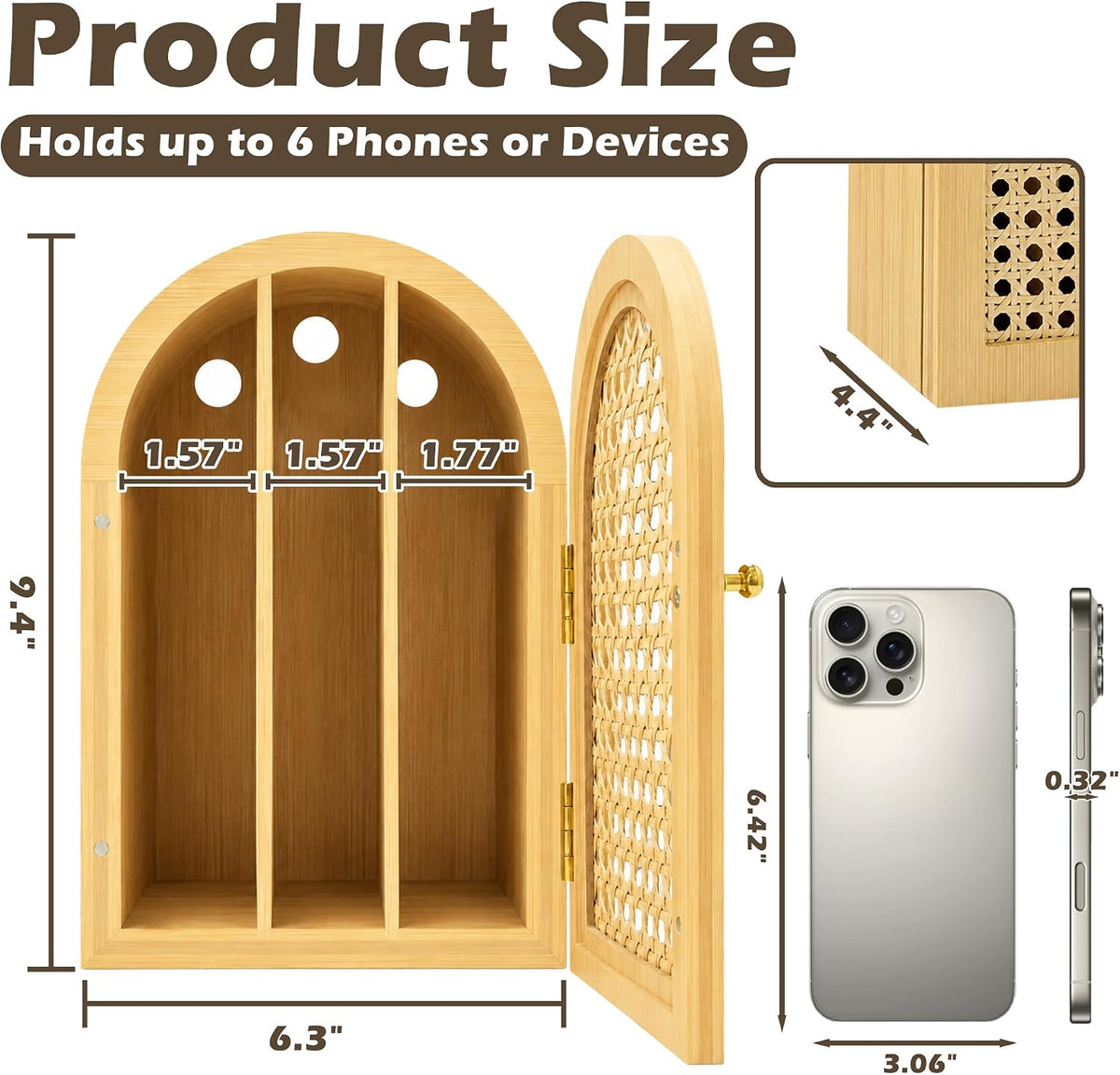 Bamboo Phone Box, Premium Cell Phone Box for Family Time, Cell Phone Jail with Charging Holes,Phone Lock Box Holds 6 Phones (Oak)