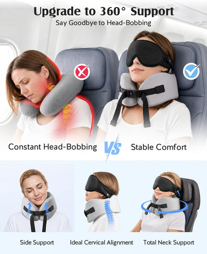 YFONG Travel Pillow for Long Flights, Patented 360° Ergonomic Sleeper Hold Head Support System with Memory Foam Neck Pillow & 3D Sleep Mask, Prevent Head Bobbing for Airplane & Road Trip, Pink
