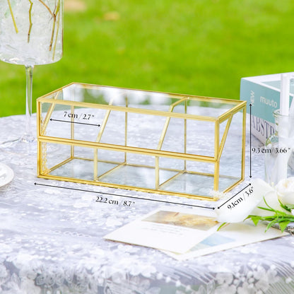 NCYP Glass Tea Bags Organizer with 5 Grids Compartments, Indoor Counter Top Brass Display Case with Lid, Storage Box, Gold, Decor, Teabag Storage, 14.5 x 3.6 x 3.66 Inches (Glass Box Only)