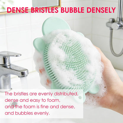 Baby Shower Brush,Kids Silicone Body and Back Exfoliating Mitt - Soft Bristles, Gentle Exfoliation, Cute Turtle Design Makes Children Love Bathing(Mint)