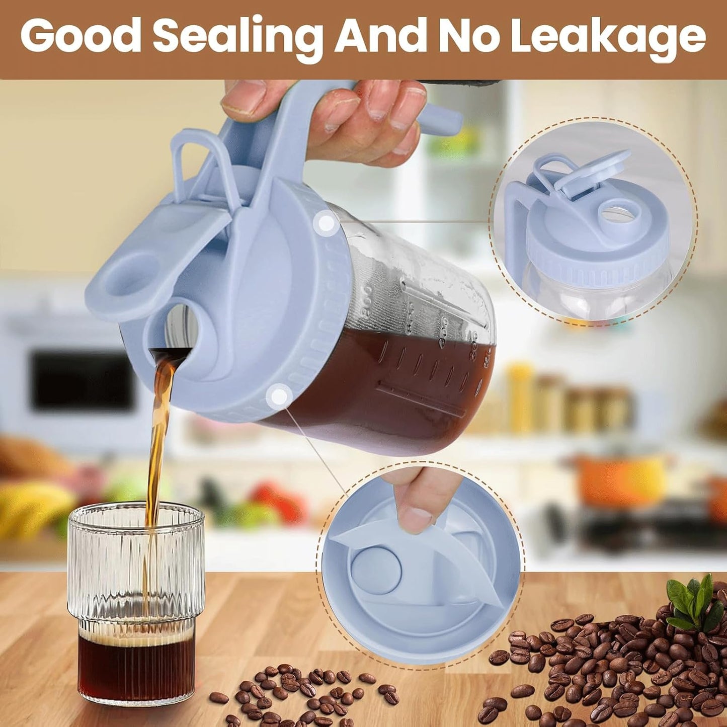 Cold Brew Coffee Maker,64 oz Mason Jar Pitcher with Stainless Steel Filter, Pour Spout Handle Lid, Heavy Duty Glass Airtight & Leak-Proof for Iced Coffee,Tea & Lemonade