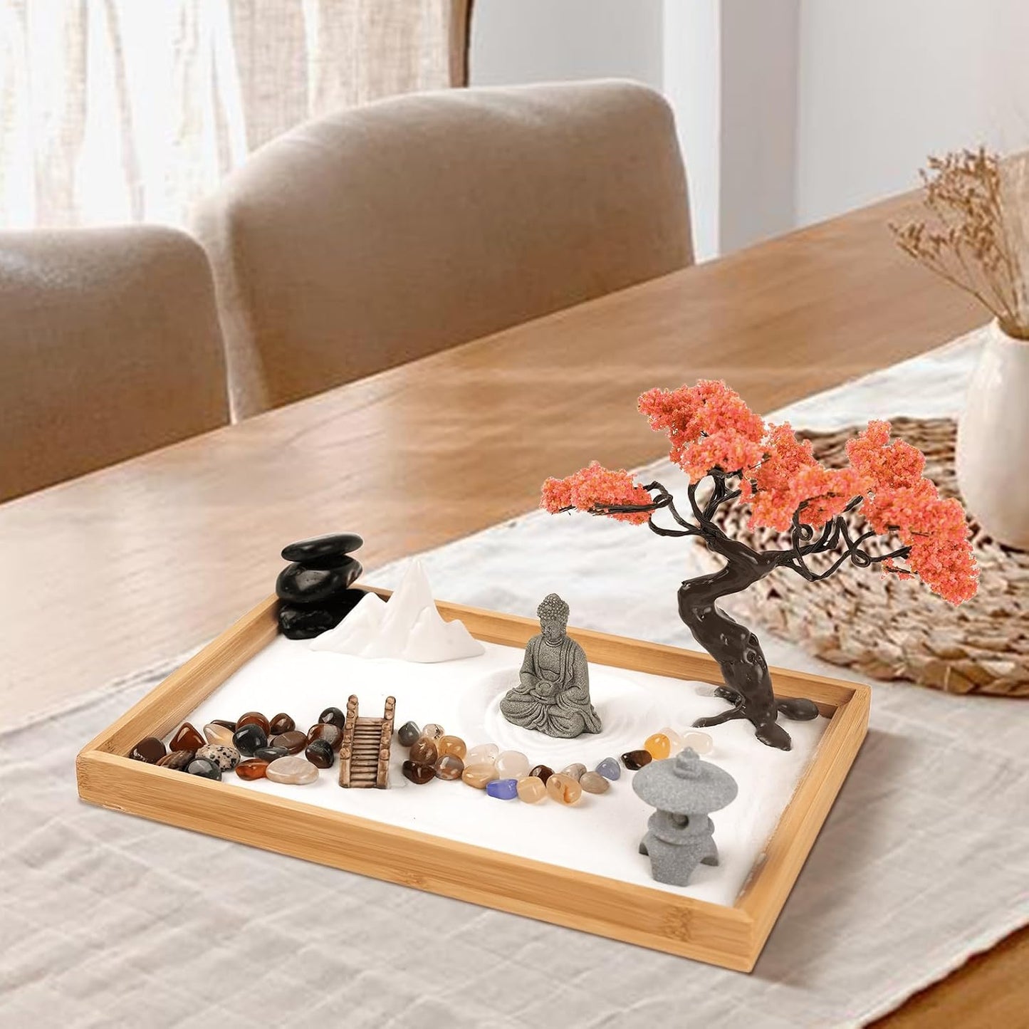 Mini Zen Garden for Desk Bodhi Tree and Buddha | Desktop Sand Tray Japanese Zen Garden Kit for Therapy Office Decor, Home Decor, Meditation Gifts