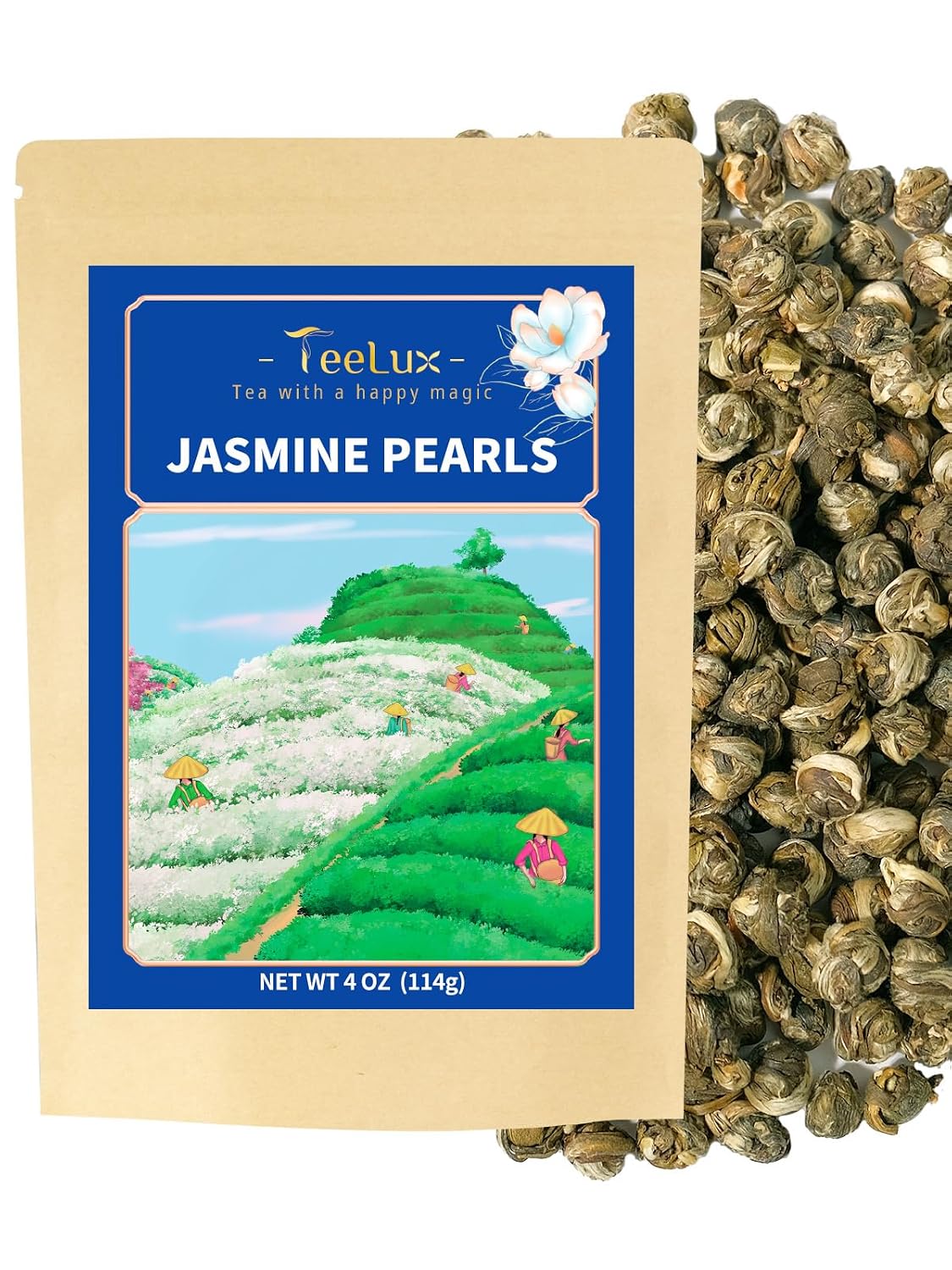 TeeLux Jasmine Pearls Green Tea, Handrolled Loose Leaf, Floral Aroma, 4 oz