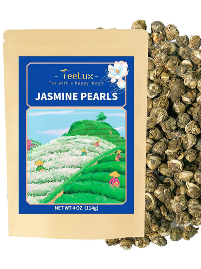 TeeLux Jasmine Pearls Green Tea, Handrolled Loose Leaf, Floral Aroma, 4 oz