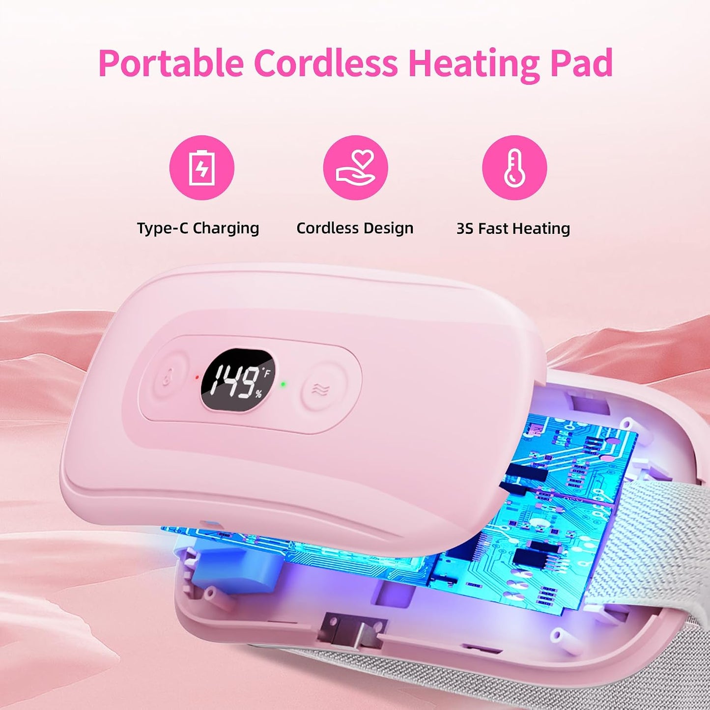 Portable Heating Pad: 2 Timer 6 Heat Levels 6 Vibration Modes Cordless Electric Heating Pad 3s Fast Heating Travel Heating Pad Gifts for Women Christmas Birthday Pink