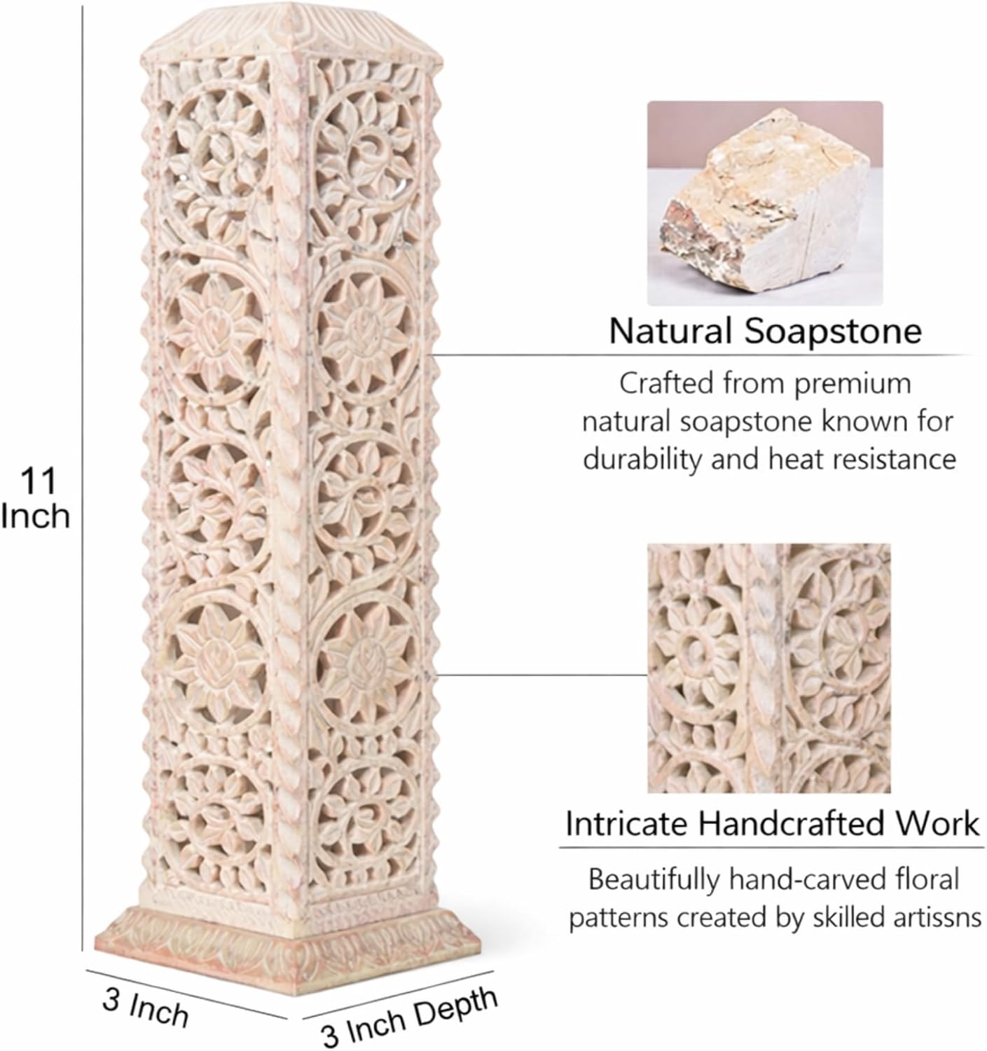 Carry Me Handmade Marble Soapstone Incense Stick Burner | Candle Stick Holder, Tea Light Stand, 3 x 3 x 11 Inches, Decorative Home and Kitchen Decor, Perfect for Gifting